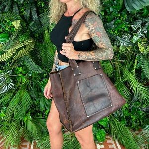 Large handmade leather tote. Made from repurposed cowhide.